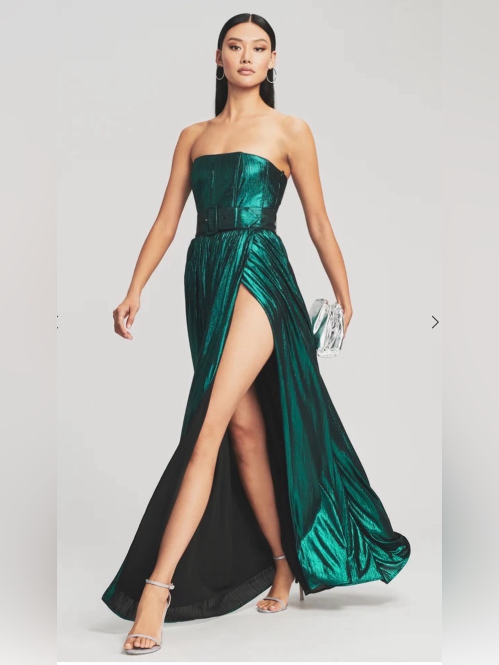 Retrofete Shimmery Emerald Strapless High-Slit Maxi Dress with Belt - Picture 1 of 15